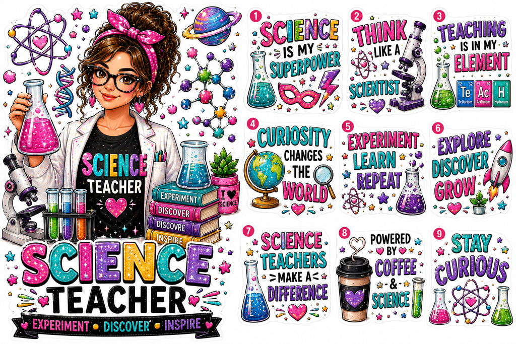 Science Teacher — Experiment • Discover • Inspire UV DTF Decal Set 🧪🔬✨