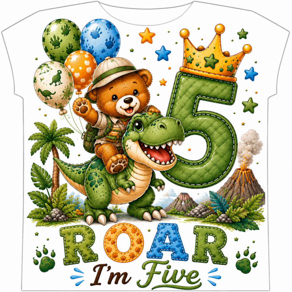 A white short-sleeve T-shirt graphic featuring a colorful dinosaur-themed birthday design for a child turning five. The design includes a teddy bear wearing a safari hat riding a green dinosaur, balloons with dinosaur patterns, a large stitched number 5 under a gold crown, palm trees, mountains, and the text 'ROAR I'm Five' with paw prints.