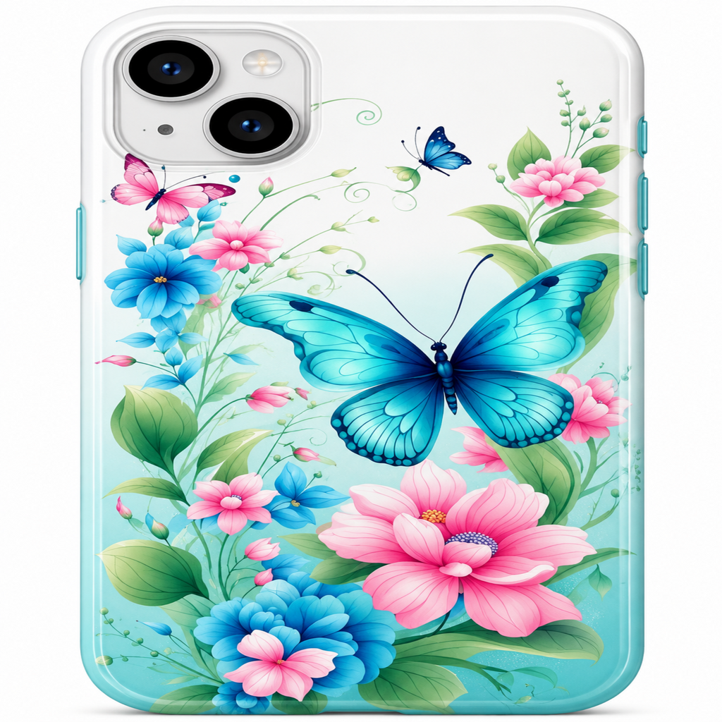 A clear smartphone case with a colorful floral and butterfly print, featuring a large blue butterfly, pink flowers, and green leaves on a light aqua background.
