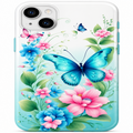 A clear smartphone case with a colorful floral and butterfly print, featuring a large blue butterfly, pink flowers, and green leaves on a light aqua background.