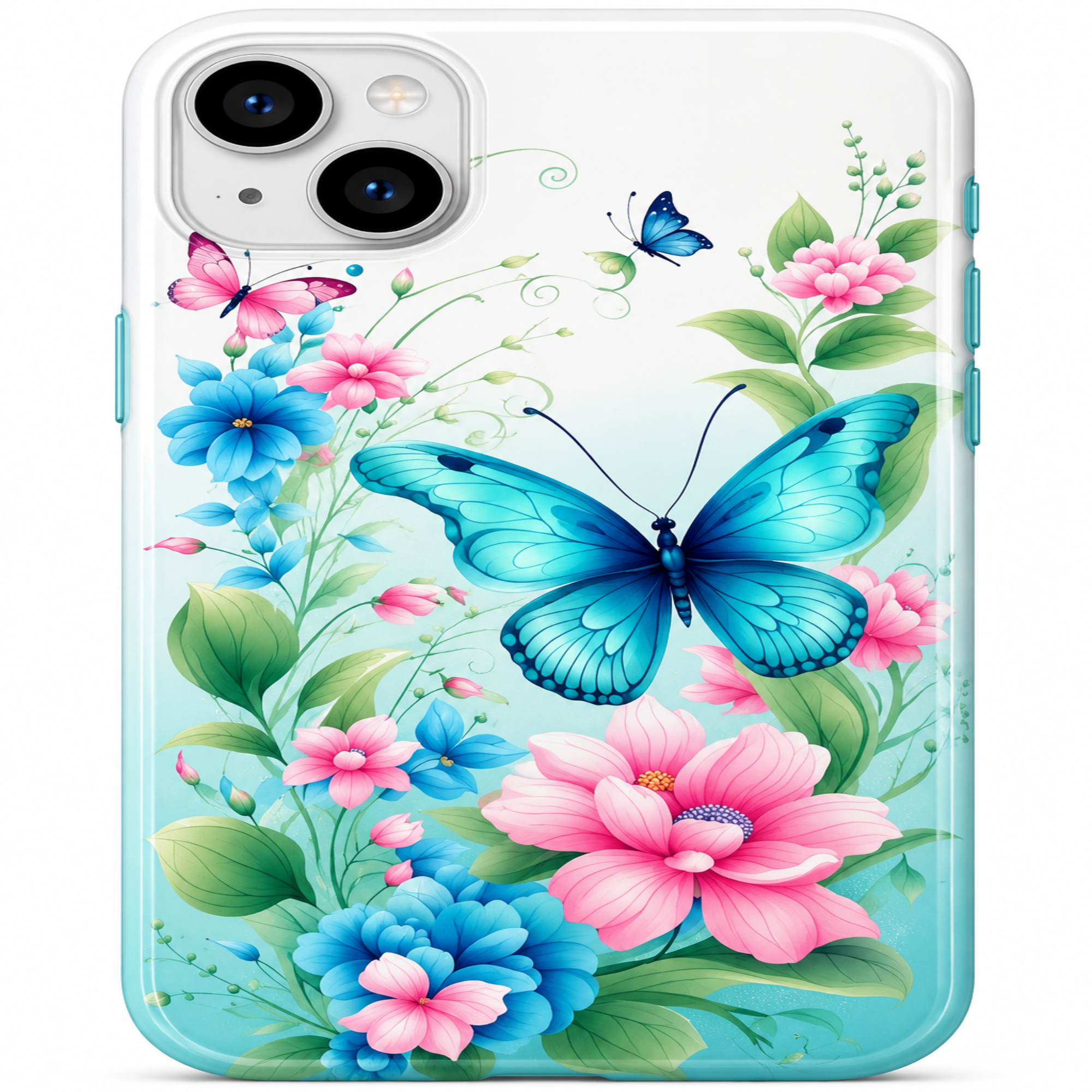 A clear smartphone case with a colorful floral and butterfly print, featuring a large blue butterfly, pink flowers, and green leaves on a light aqua background.