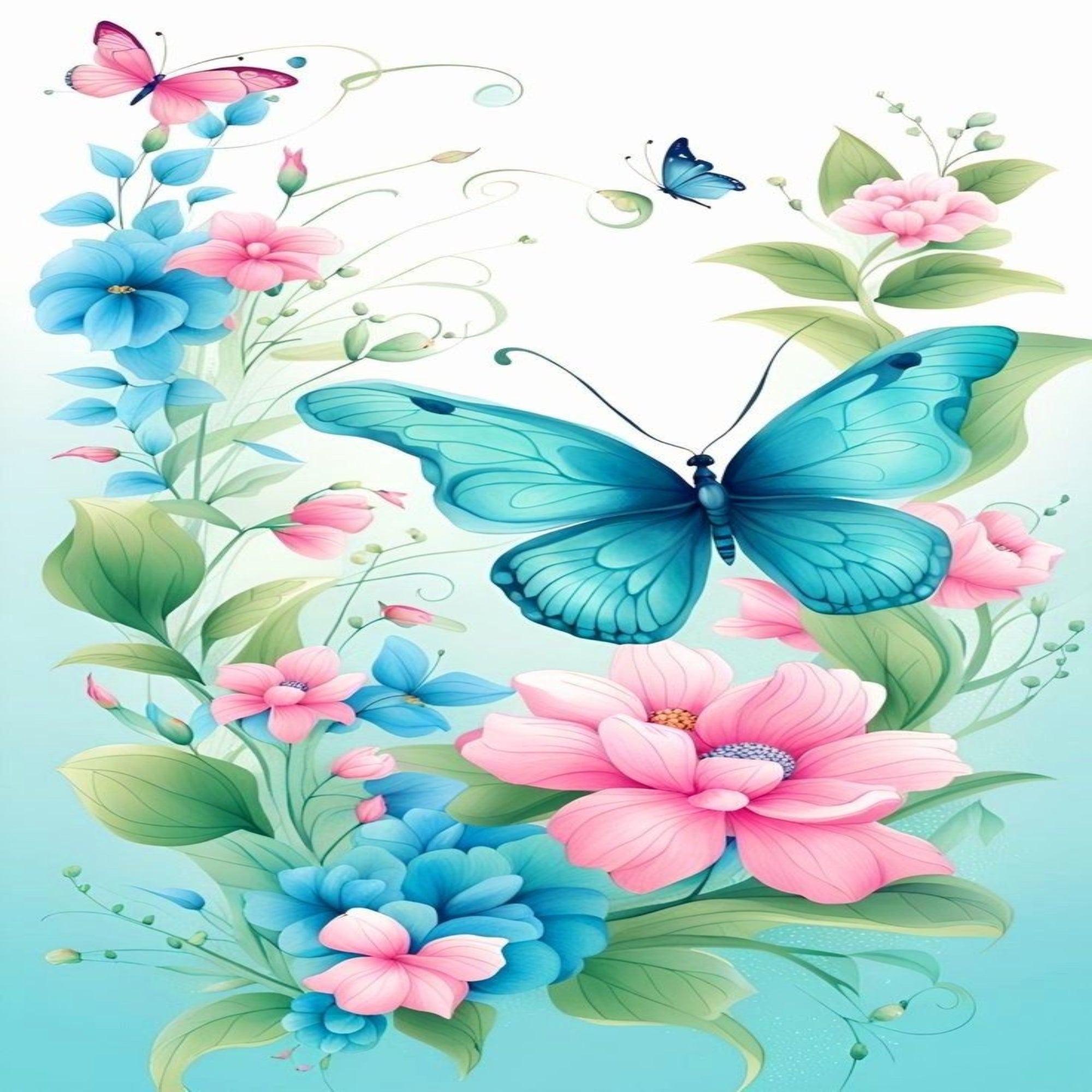 A colorful digital illustration featuring a large blue butterfly surrounded by pink and blue flowers with green leaves on a light blue background.