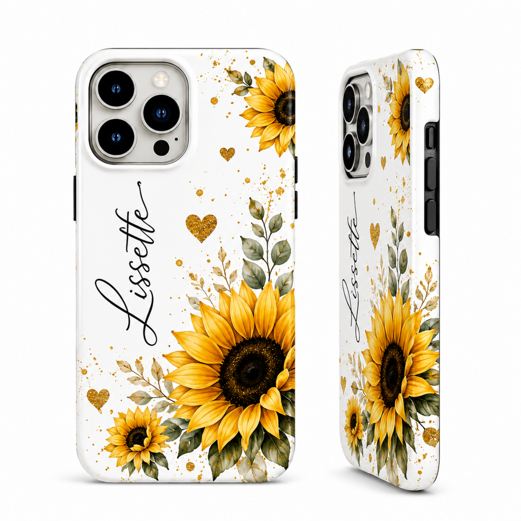 A personalized iPhone case shown from two angles (front and side) on a white background. The case features a white base decorated with a yellow sunflower, green leaves, gold glitter splatters, and the name 'Lisette' written in black cursive script.