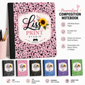 Personalized composition notebook cover design by Liss Print Studio, shown with feature callouts and smaller color variants along the bottom. The main notebook has a pink and black speckled cover with a white label area, black script and block text reading 'Liss Print Studio,' and a sunflower graphic.