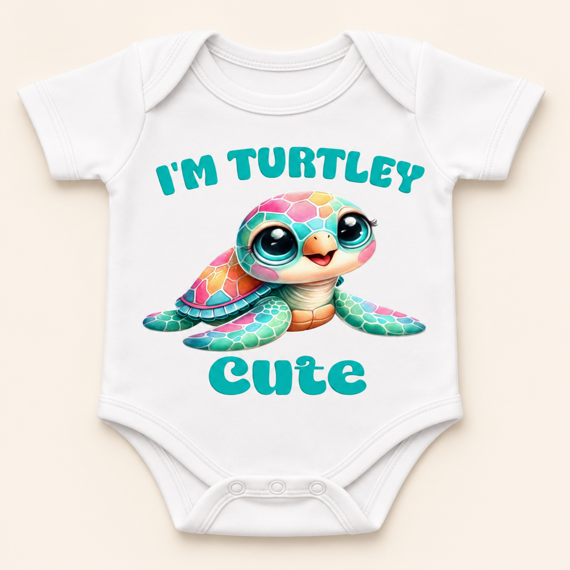 White short-sleeve baby bodysuit with a colorful cartoon turtle graphic and the text 'I'M TURTLEY Cute' printed on the front, shown on a light beige background.