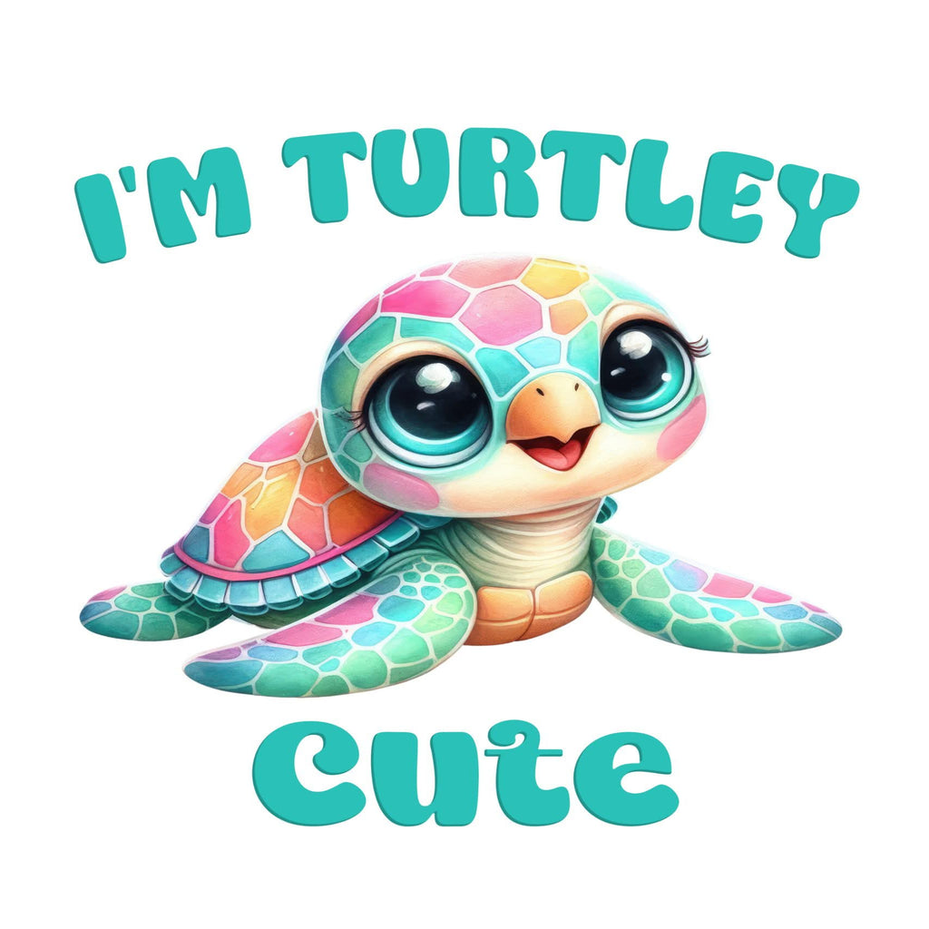 A cute cartoon baby turtle with large eyes and a colorful patterned shell, centered on a white background with the text 'I'M TURTLEY Cute' in teal lettering.