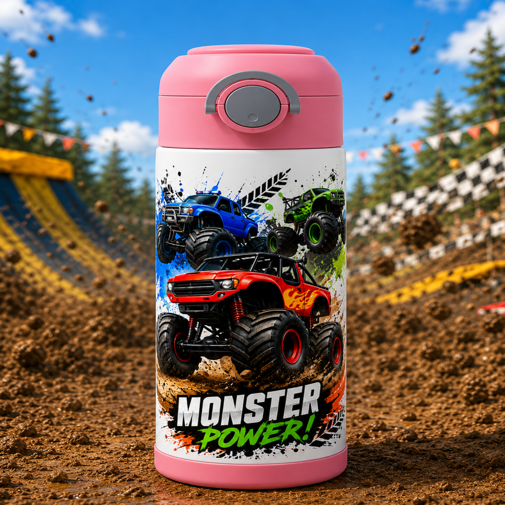 A pink insulated water bottle with a monster truck graphic and the words 'MONSTER POWER!' on the front, shown standing on dirt with a blurred outdoor motocross track and trees in the background.