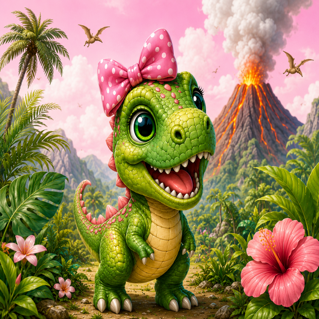 A cute cartoon green dinosaur standing in a tropical jungle with palm trees, flowers, flying reptiles, and an erupting volcano in the background. The dinosaur wears a pink polka-dot bow on its head.