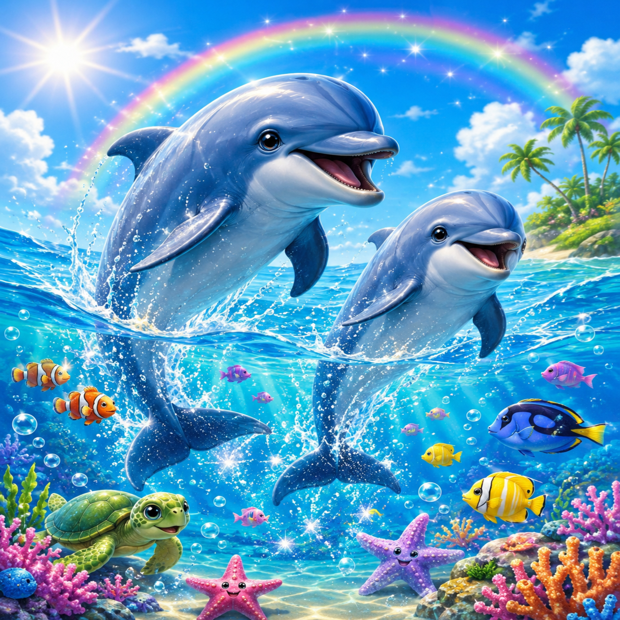 A vibrant digital illustration of two playful dolphins swimming in a bright blue ocean, with a rainbow arching in the sky, tropical palm trees on the horizon, and colorful coral reefs, starfish, and fish below.