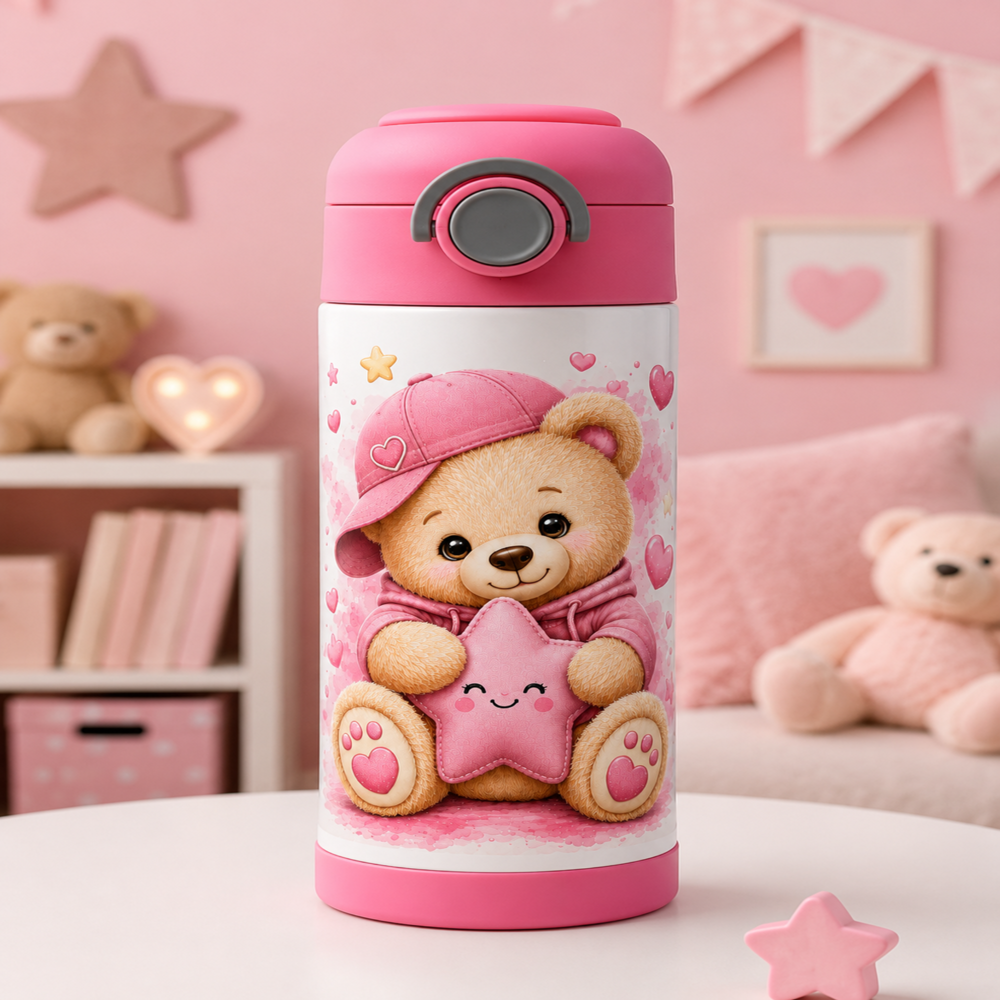 A pink insulated water bottle with a cartoon teddy bear and star design, set on a white table in a pink-themed room with teddy bears and shelves in the background.