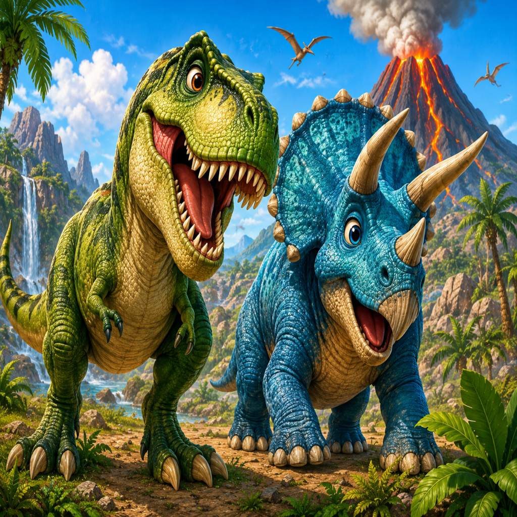 A colorful prehistoric scene with two cartoon dinosaurs: a green T-rex on the left and a blue Triceratops on the right, set in a lush jungle with palm trees, mountains, a waterfall, and an erupting volcano in the background.