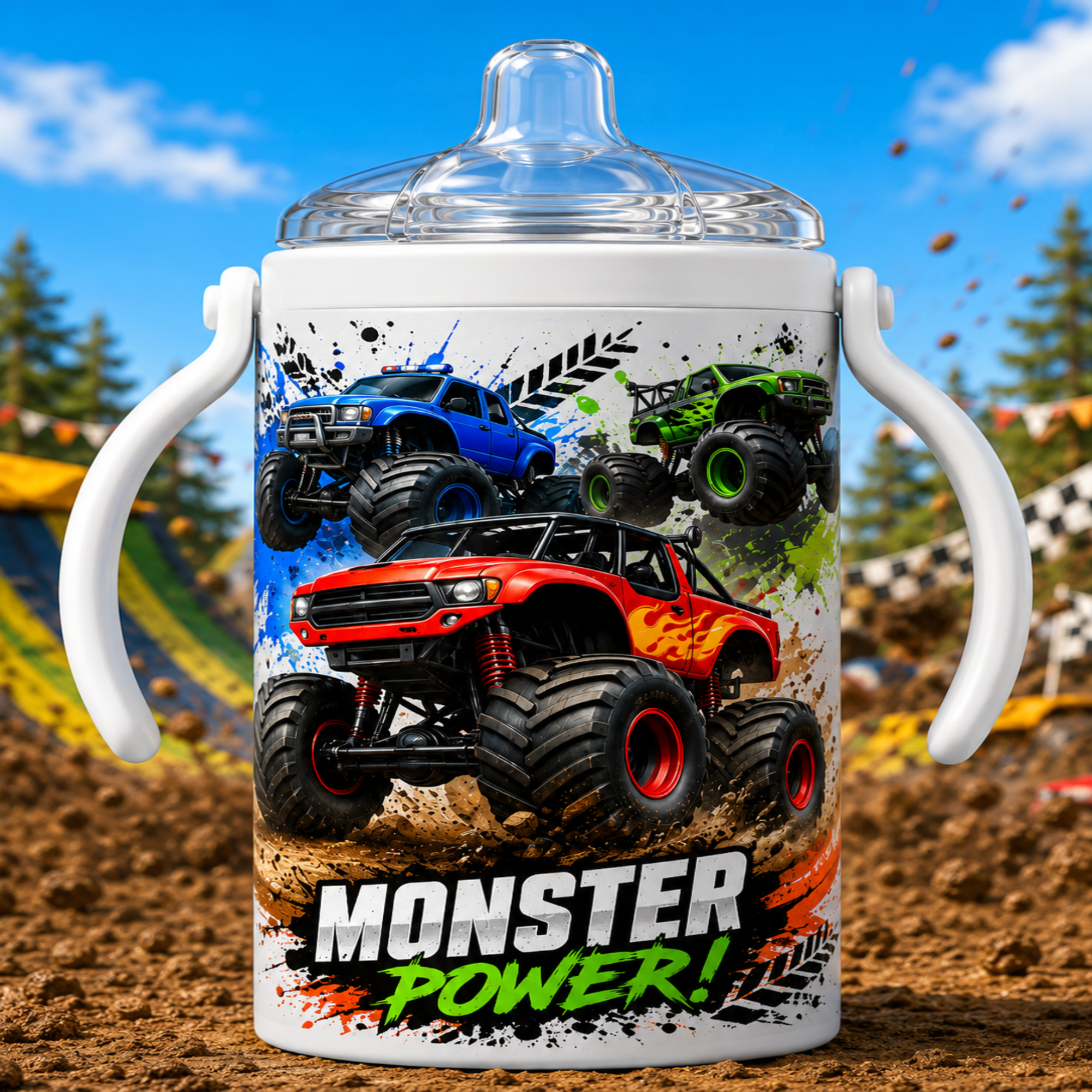 A white insulated tumbler with a clear lid and white side handles, printed with colorful monster truck graphics and the words 'MONSTER POWER!'. The tumbler is photographed outdoors on dirt with trees and a blue sky in the background.