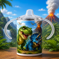 A clear plastic sippy cup with a lid and curved handles, printed with a colorful dinosaur scene featuring a green T-Rex and a blue Triceratops, set against a blurred prehistoric landscape background.