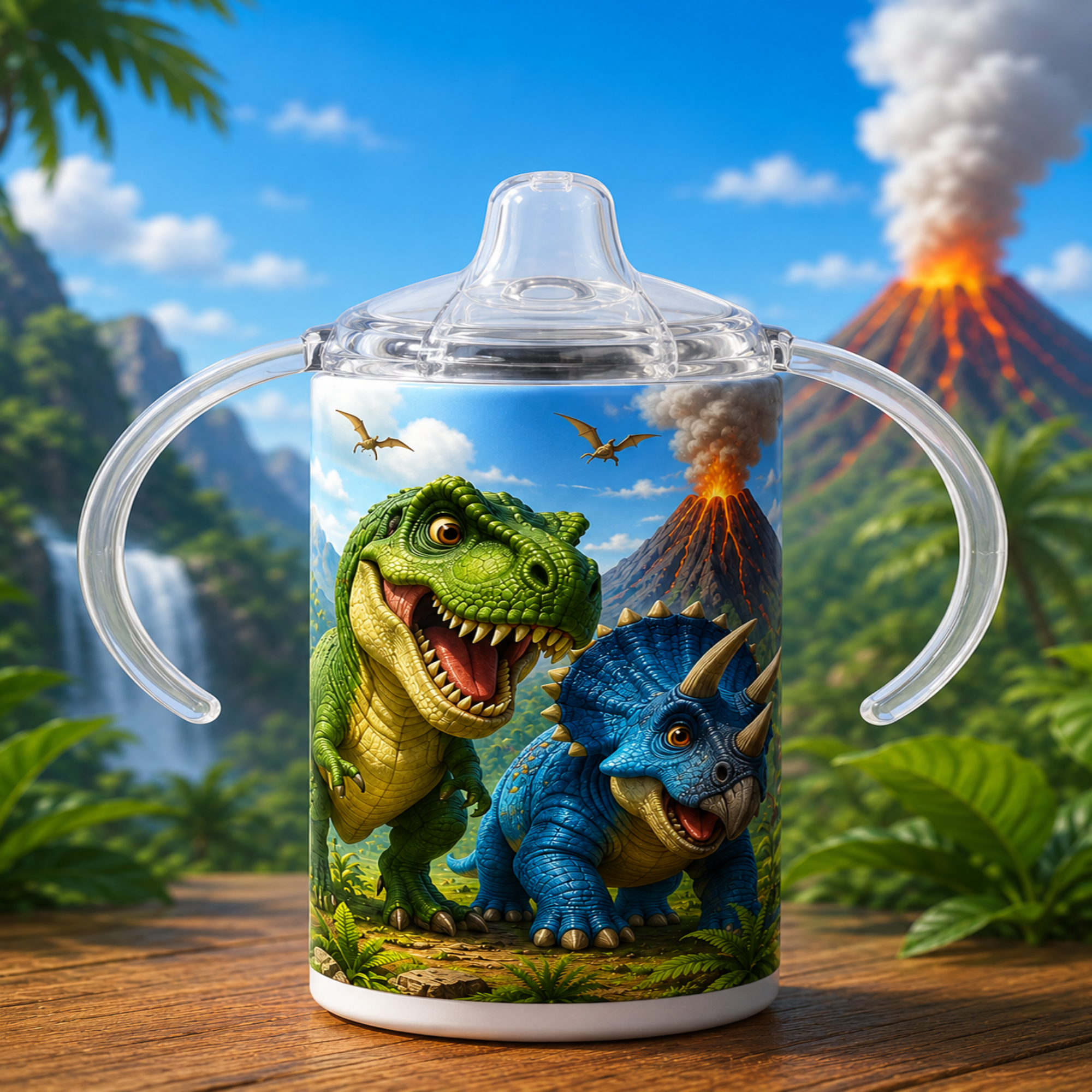 A clear plastic sippy cup with a lid and curved handles, printed with a colorful dinosaur scene featuring a green T-Rex and a blue Triceratops, set against a blurred prehistoric landscape background.
