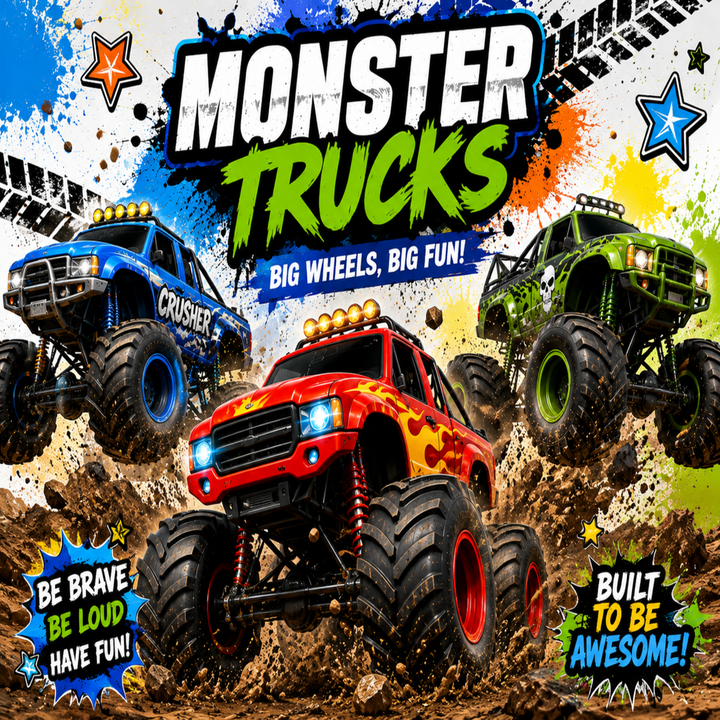 A colorful promotional graphic for monster trucks with three large off-road vehicles racing on muddy tracks. The center truck is red with yellow flame decals and the word 'CRUZIER' on the side, while the other two are blue and green.