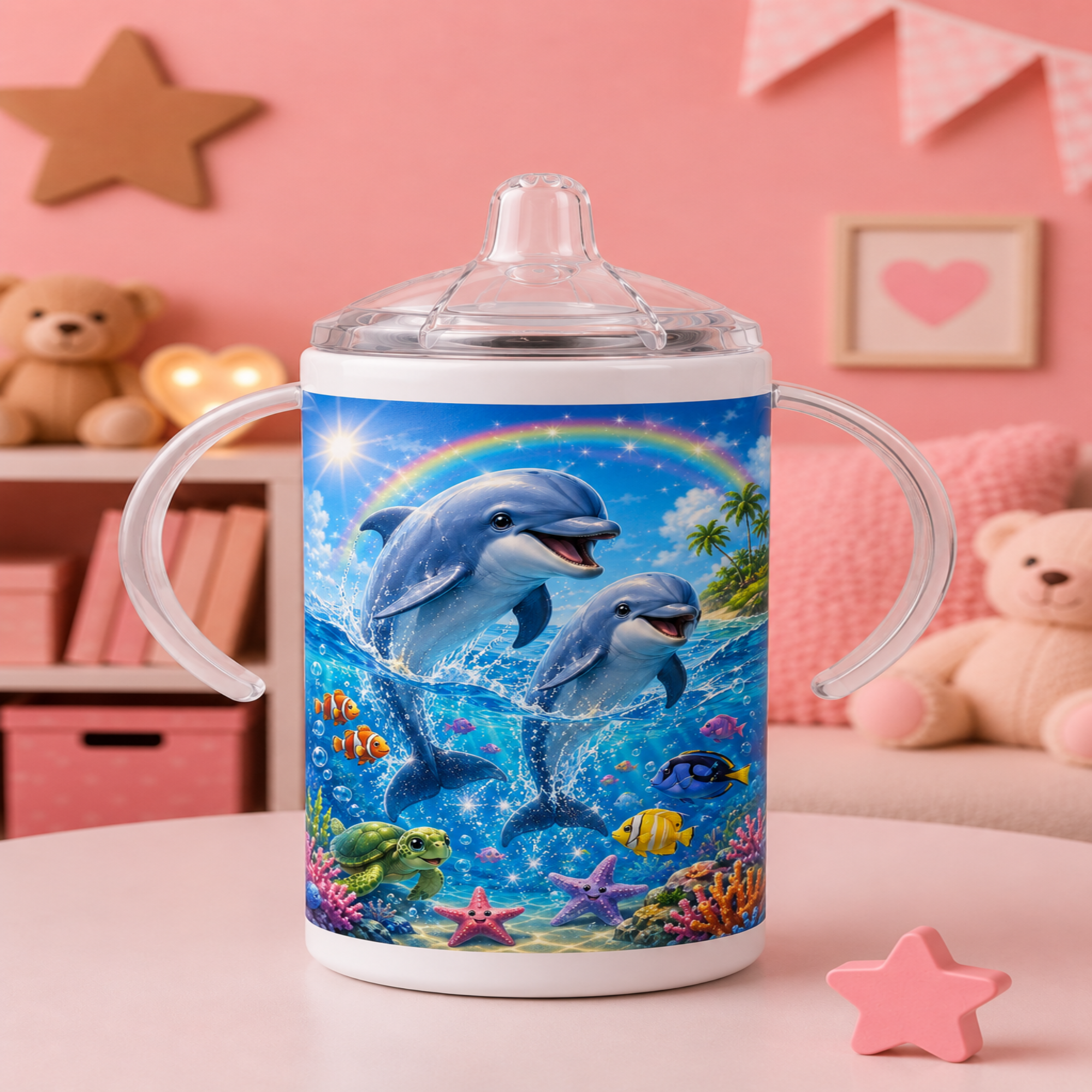 A baby tumbler with clear plastic handles and a clear lid, featuring a colorful underwater print of two dolphins, fish, and a rainbow on a pink-themed room background.