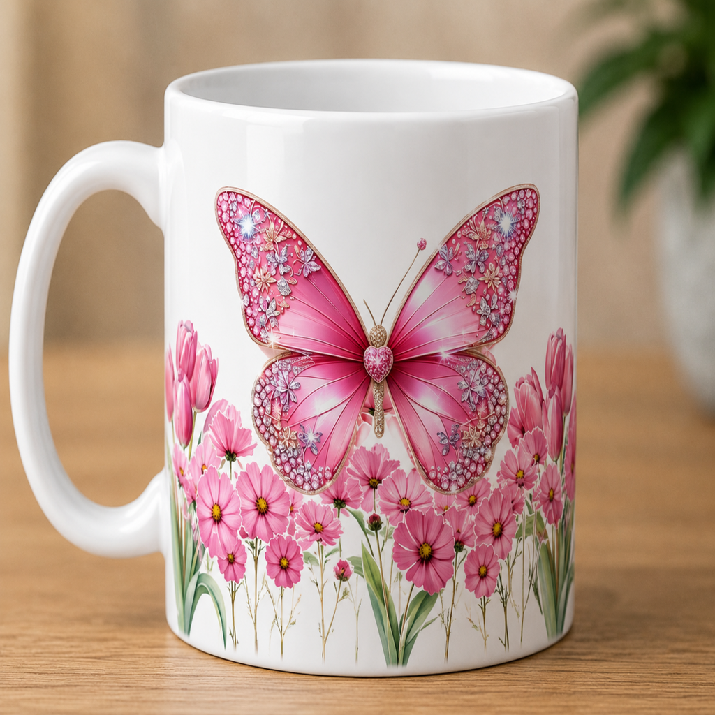 Pink Butterfly Floral Ceramic Mug