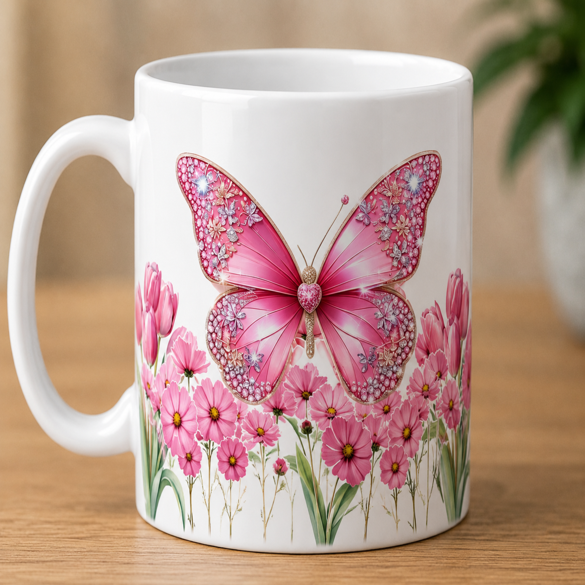 Pink Butterfly Floral Ceramic Mug
