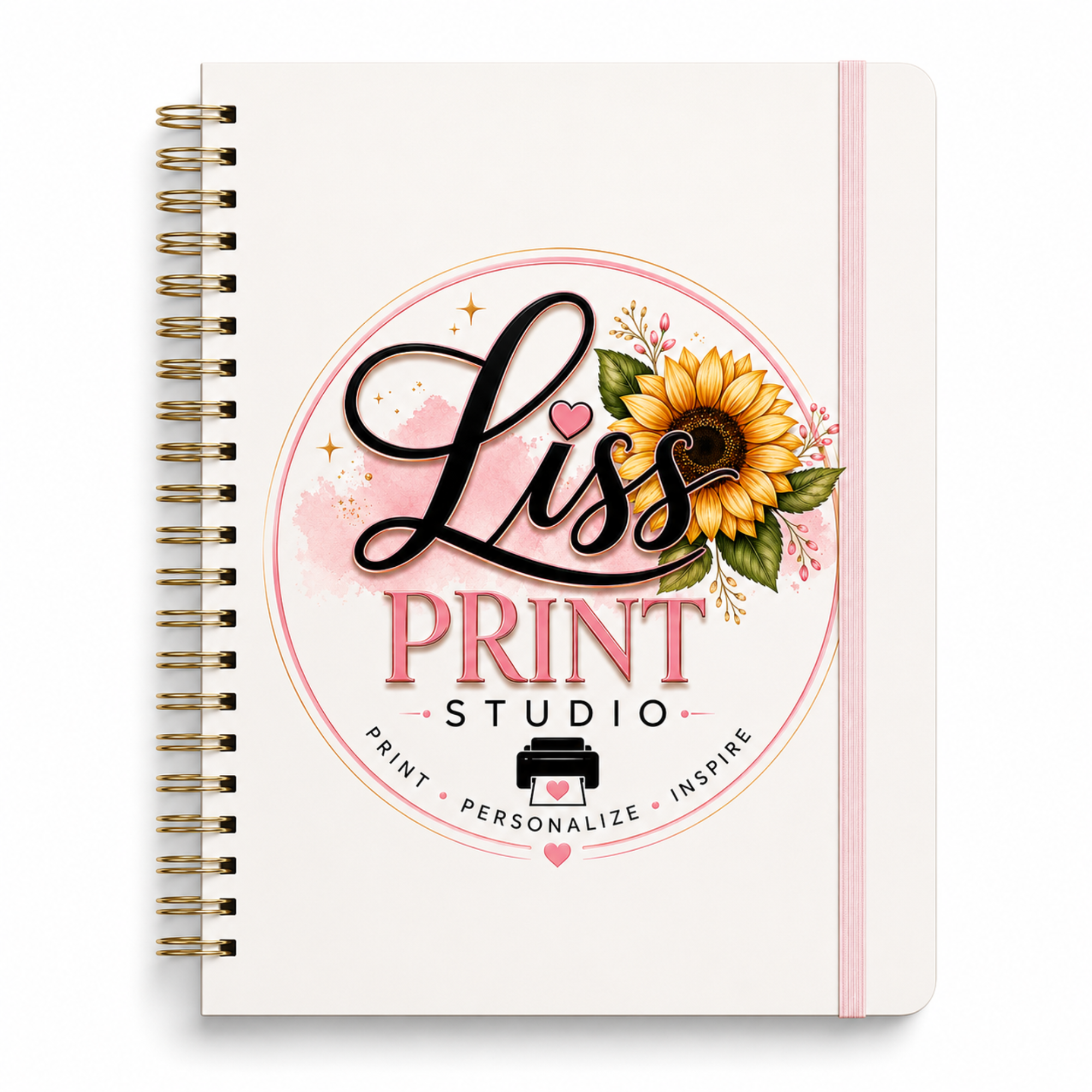 A spiral-bound notebook with a white cover featuring a circular pink and yellow sunflower graphic and the text 'Liss PRINT STUDIO'.