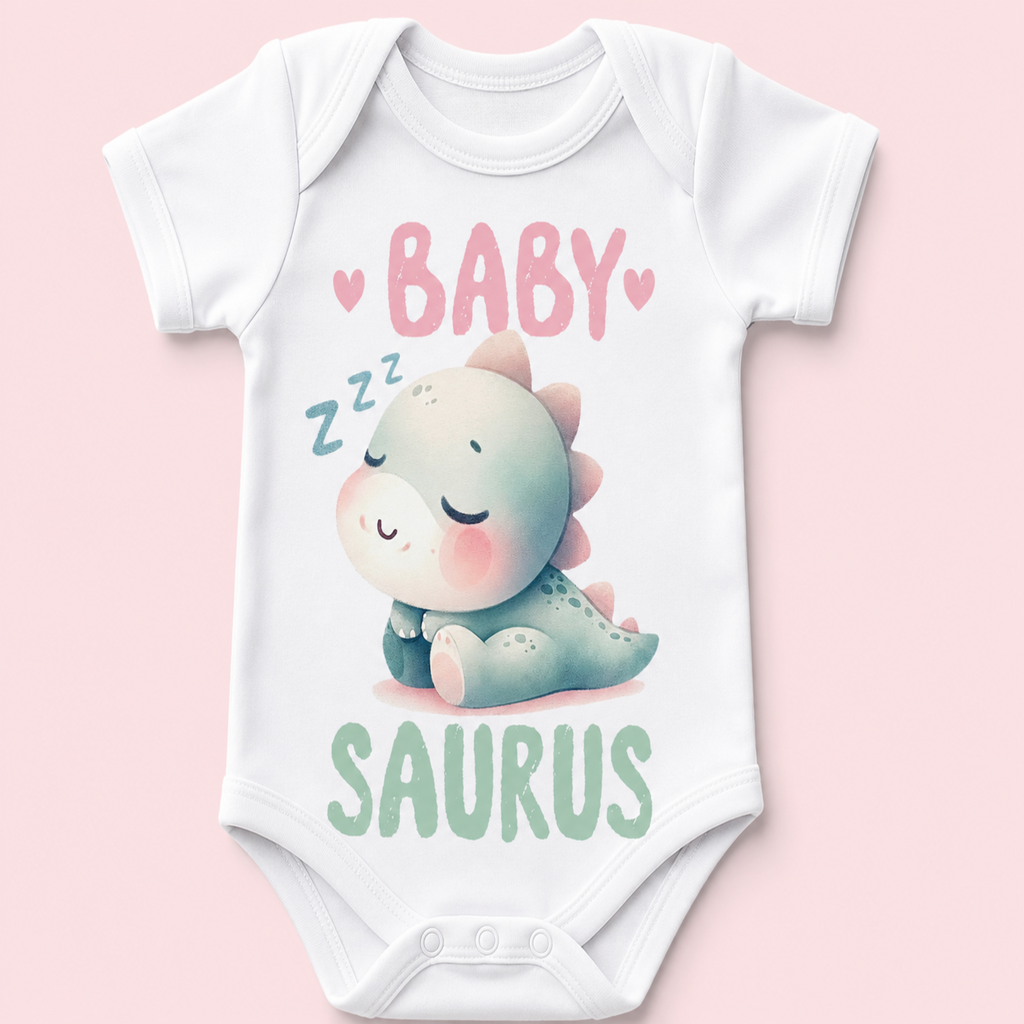 A white short-sleeve baby bodysuit laid flat on a light pink background, featuring a cute cartoon dinosaur graphic with the words 'BABY SAURUS' in pink and mint green text.
