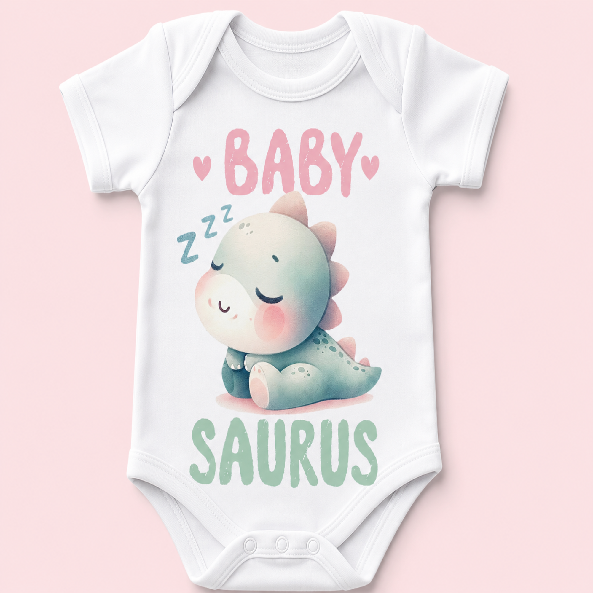 A white short-sleeve baby bodysuit laid flat on a light pink background, featuring a cute cartoon dinosaur graphic with the words 'BABY SAURUS' in pink and mint green text.