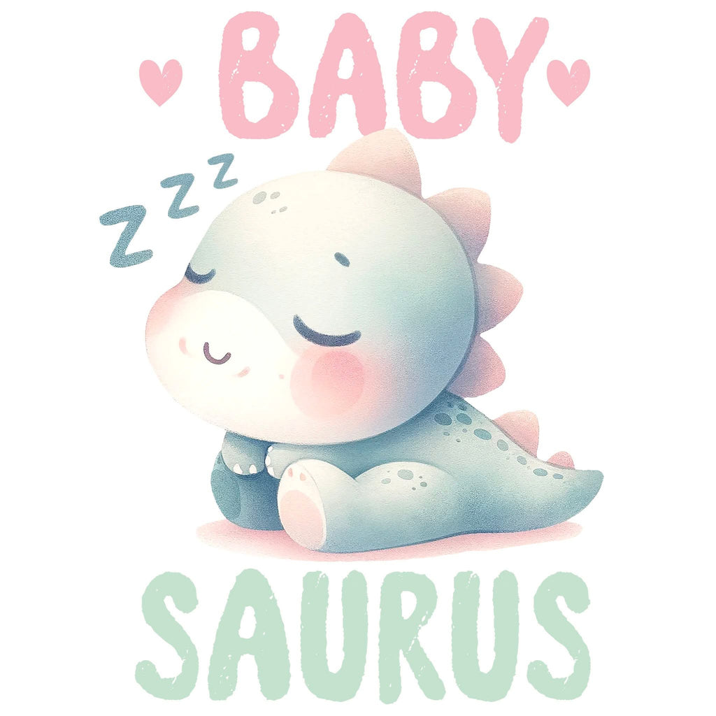 A cute cartoon baby dinosaur with closed eyes and a sleeping expression, surrounded by the words 'BABY' in pink at the top and 'SAURUS' in mint green at the bottom, on a plain white background.