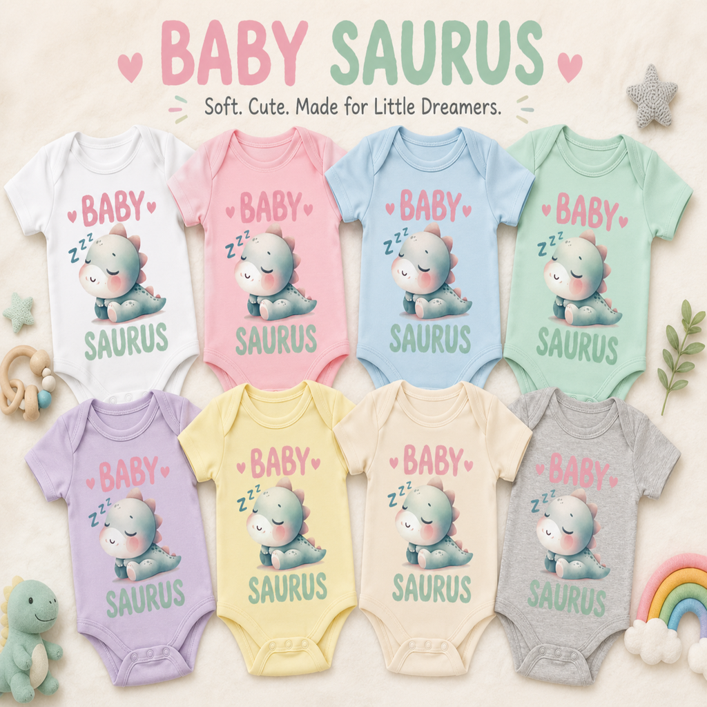 Eight baby bodysuits in different pastel colors are arranged in two rows on a light beige background with soft decorative props. The bodysuits all feature a cute cartoon baby dinosaur graphic with the words 'BABY SAURUS' printed on the front.