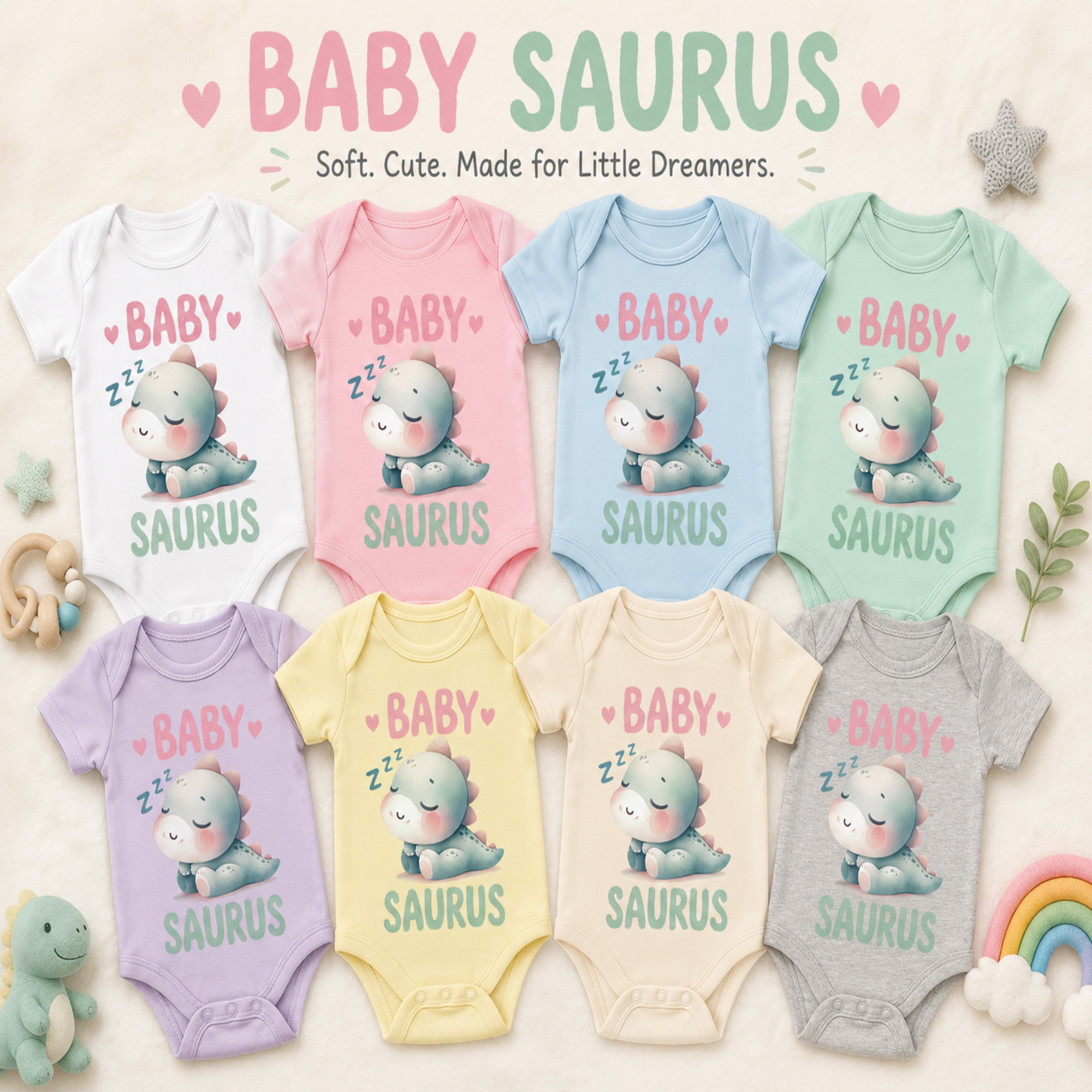 Eight baby bodysuits in different pastel colors are arranged in two rows on a light beige background with soft decorative props. The bodysuits all feature a cute cartoon baby dinosaur graphic with the words 'BABY SAURUS' printed on the front.