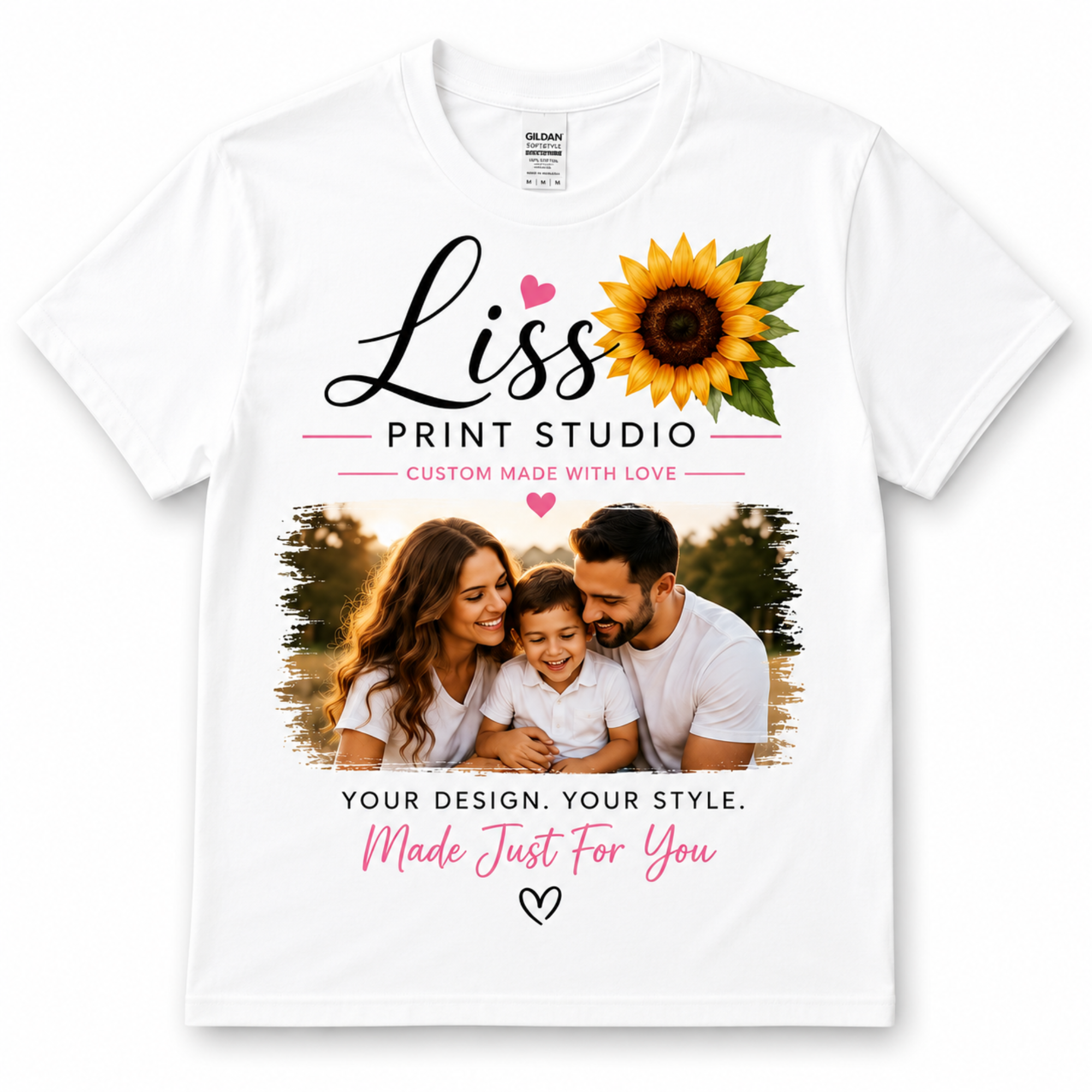 A white short-sleeve t-shirt with a customizable photo print design on the front. The design features the text 'Liss PRINT STUDIO' in black and pink, a yellow sunflower, and a placeholder photo of a family.