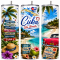 Three tall clear tumblers with metal straws, each printed with a colorful Cuban beach and street-sign design. The designs include palm trees, the Cuban flag, a map of Cuba, beach scenes, flowers, a straw hat, a coconut, and text such as 'Cuba,' 'Cuba Isla Bonita,' and 'Sal, Arena, Cubanos por siempre.