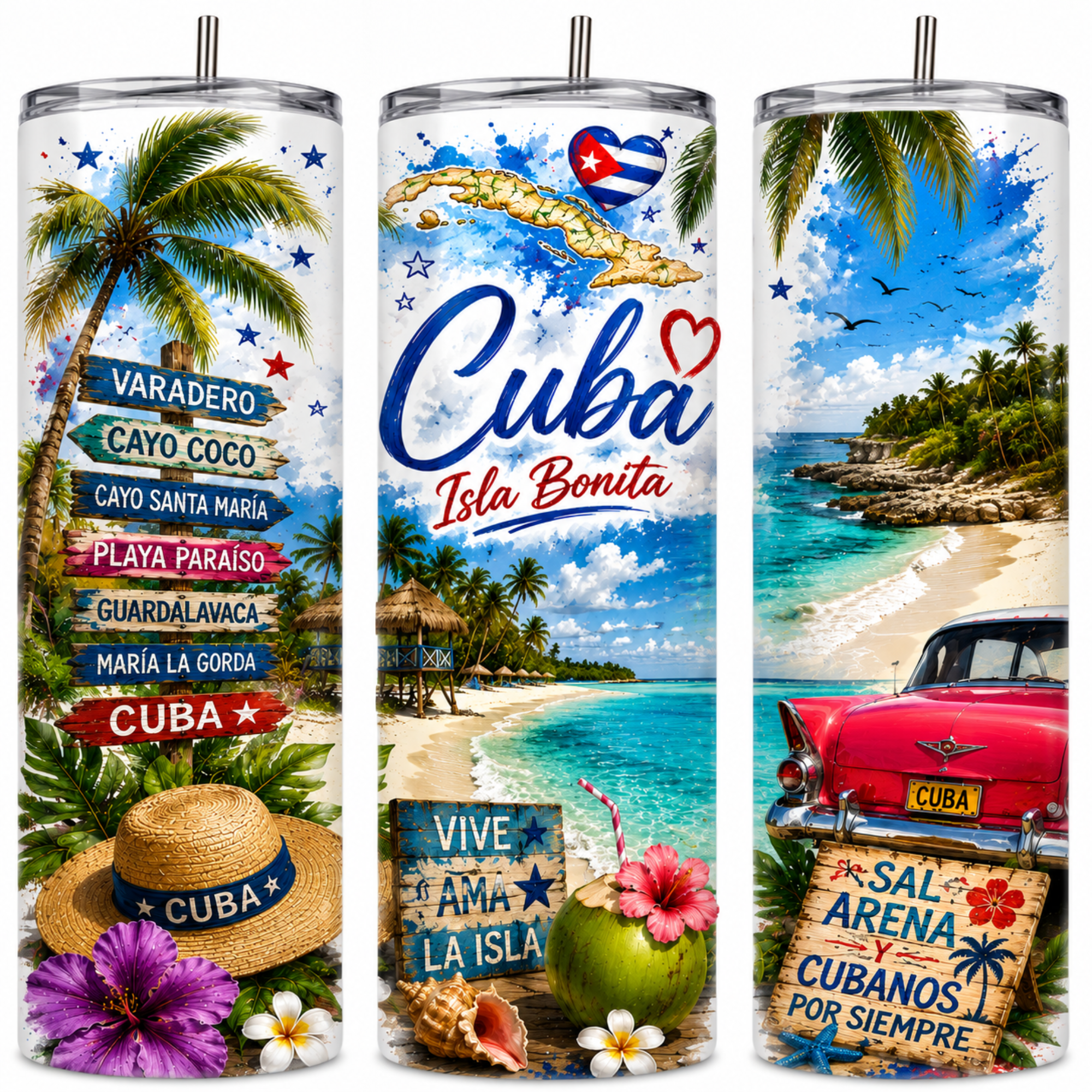 Three tall clear tumblers with metal straws, each printed with a colorful Cuban beach and street-sign design. The designs include palm trees, the Cuban flag, a map of Cuba, beach scenes, flowers, a straw hat, a coconut, and text such as 'Cuba,' 'Cuba Isla Bonita,' and 'Sal, Arena, Cubanos por siempre.