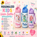 Three personalized kids' water bottles with colorful cartoon designs (unicorn, dinosaur, mermaid) and names, displayed on a decorated promotional background with text and icons.