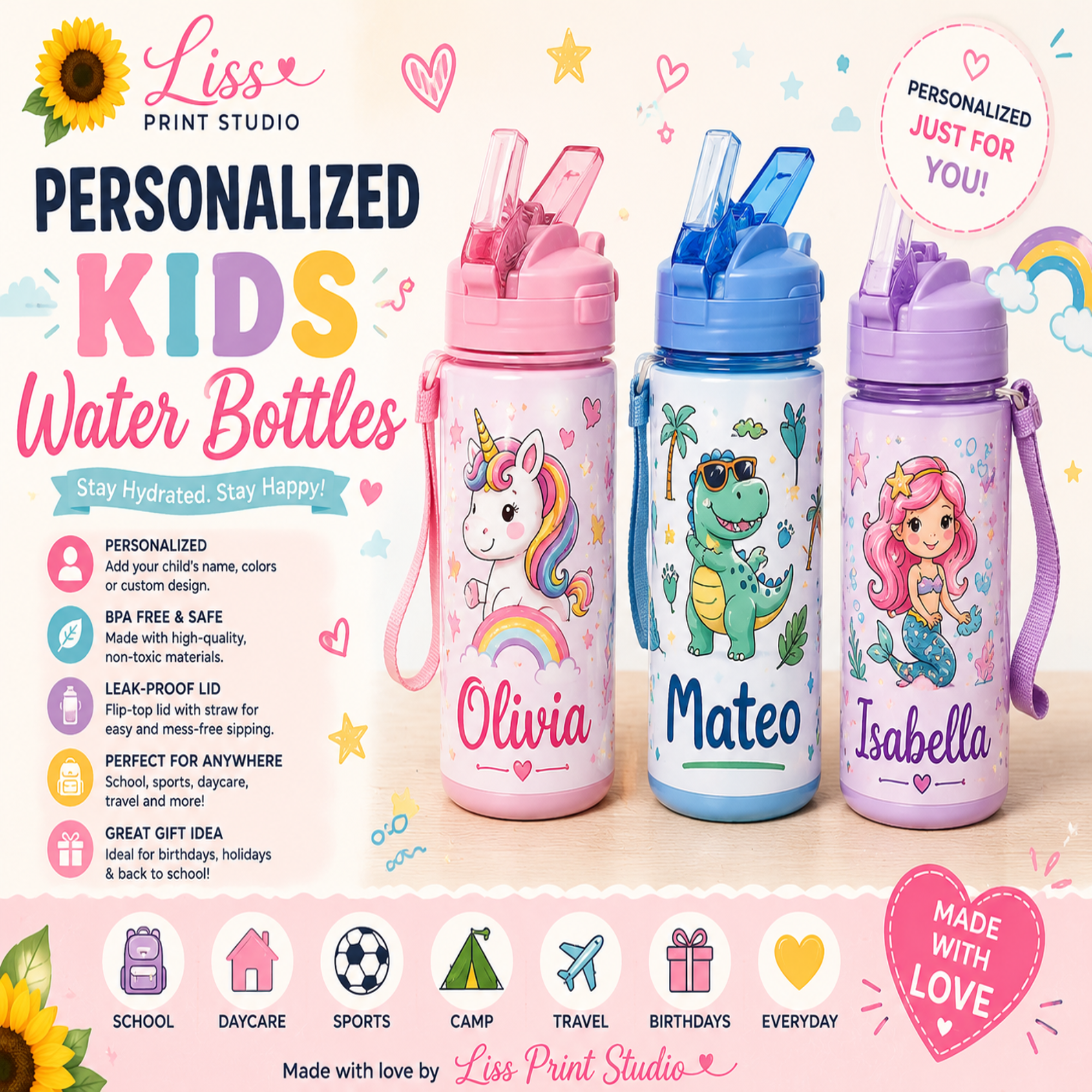 Three personalized kids' water bottles with colorful cartoon designs (unicorn, dinosaur, mermaid) and names, displayed on a decorated promotional background with text and icons.